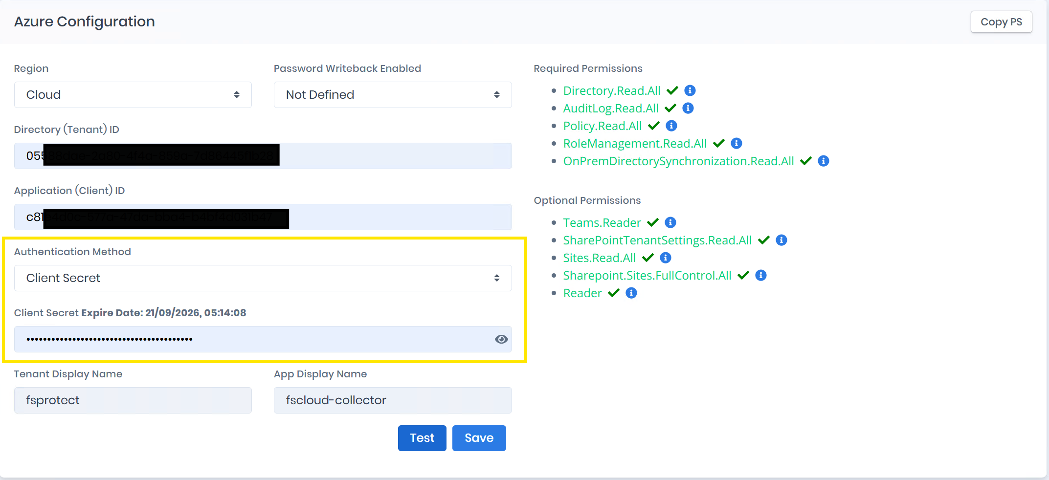Azure Configuration with Client Secret Authentication Method